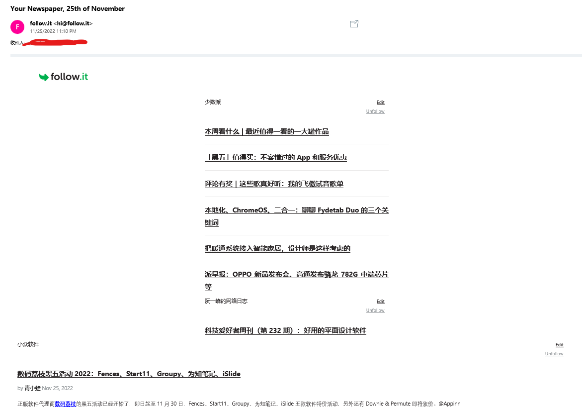 Follow.it阅读界面,长得十个屏幕也截不下